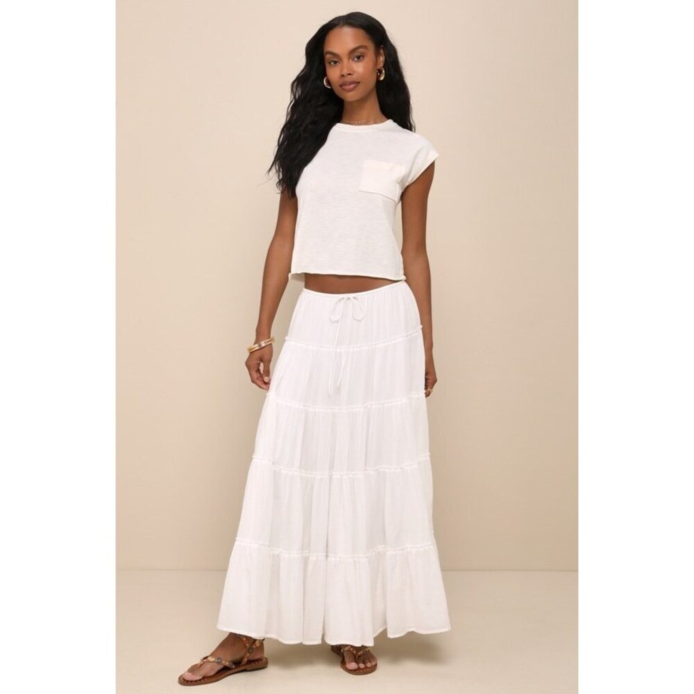 Lulus Relaxed White Gauzy Tiered Drawstring Maxi Skirt - Size L